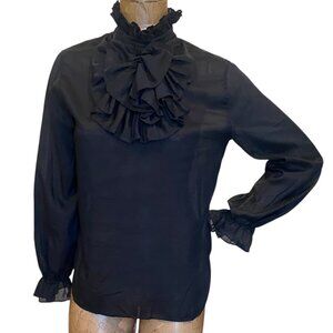 Vintage 60s 70s  Lee Mar of California Ruffle Blouse Button Back S Black 240L
